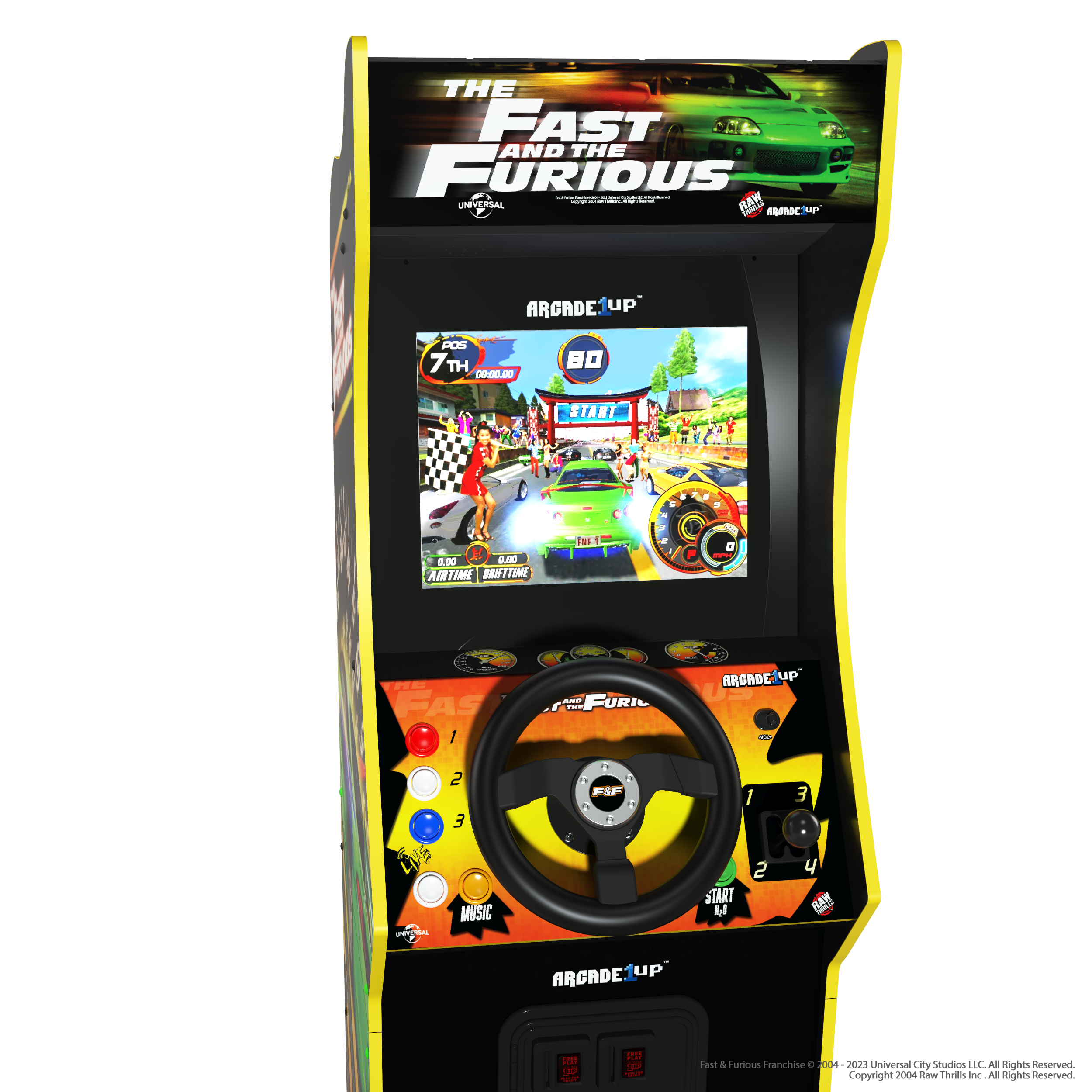 Spielautomat. 'The Fast and the Furious'-Titel, Rennspielbildschirm, Lenkrad und gelber Rahmen.