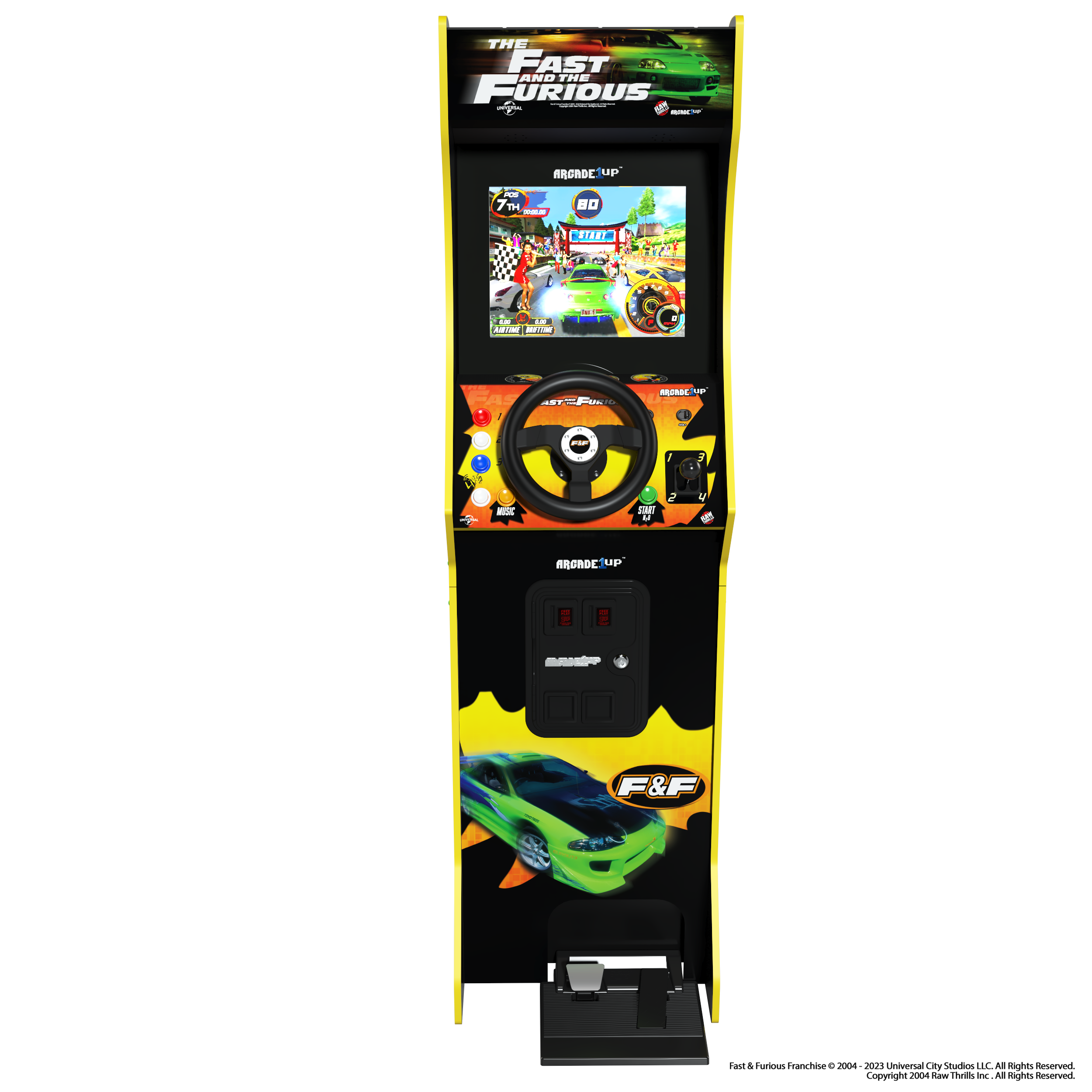 Fast and Furious Arcade-Spielautomat mit Rennspiel auf dem Bildschirm.