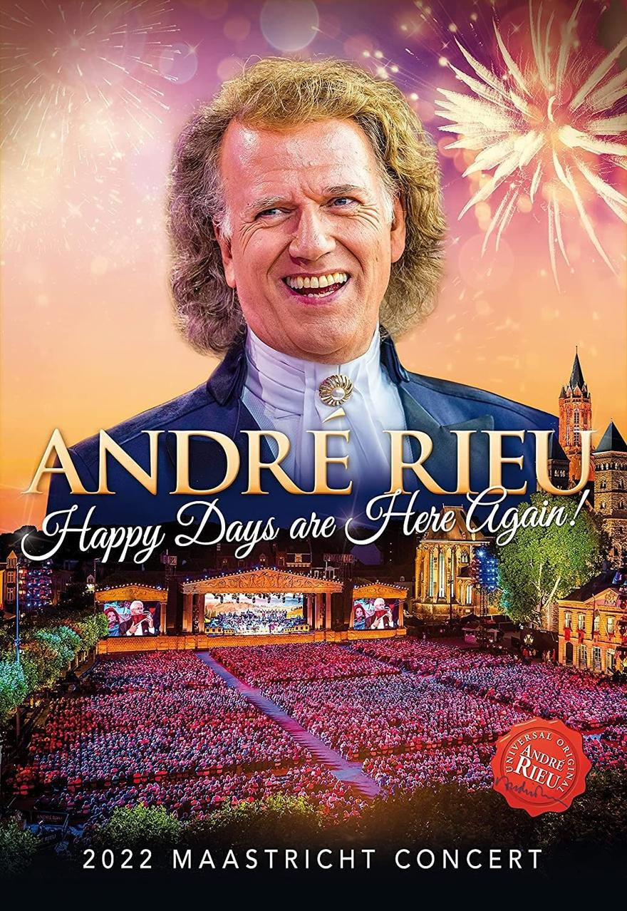Plakat von Andre Rieu vor einer Konzertbühne mit Feuerwerk.