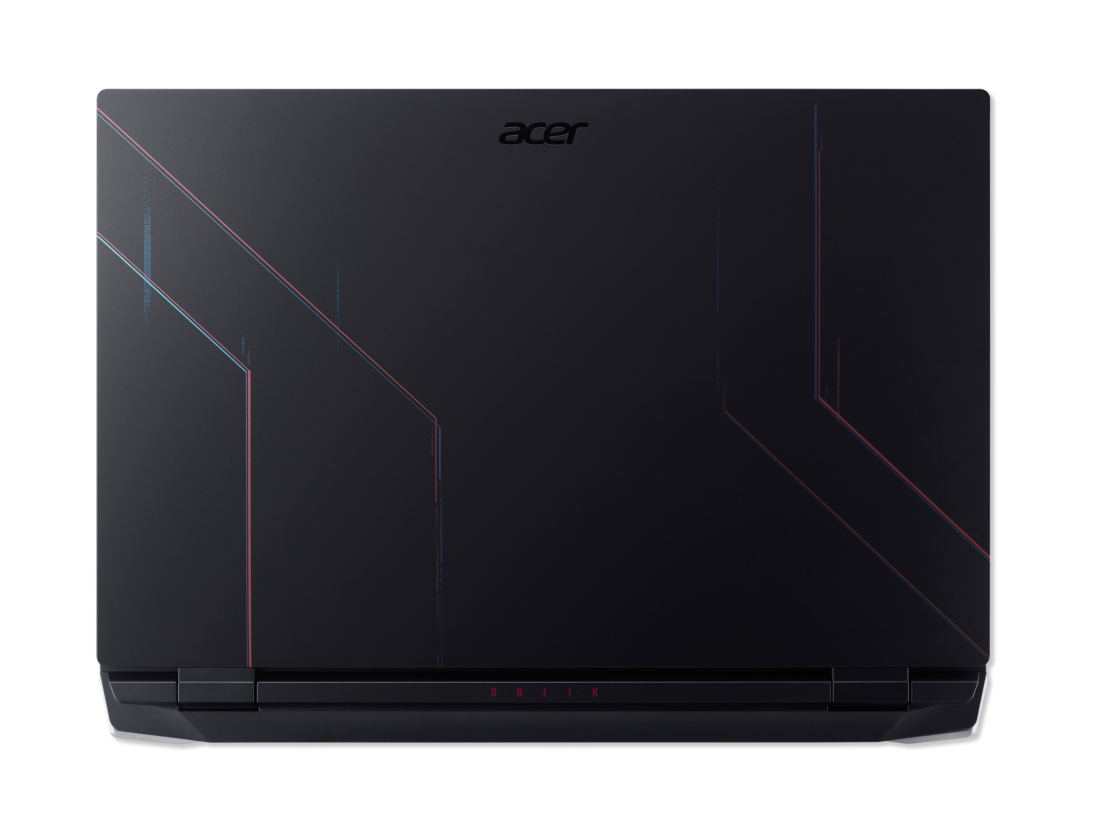 Schwarzer Laptop-Draufsicht. Acer-Logo oben. Diagonale Linien in Rot und Blau auf dem Deckel.