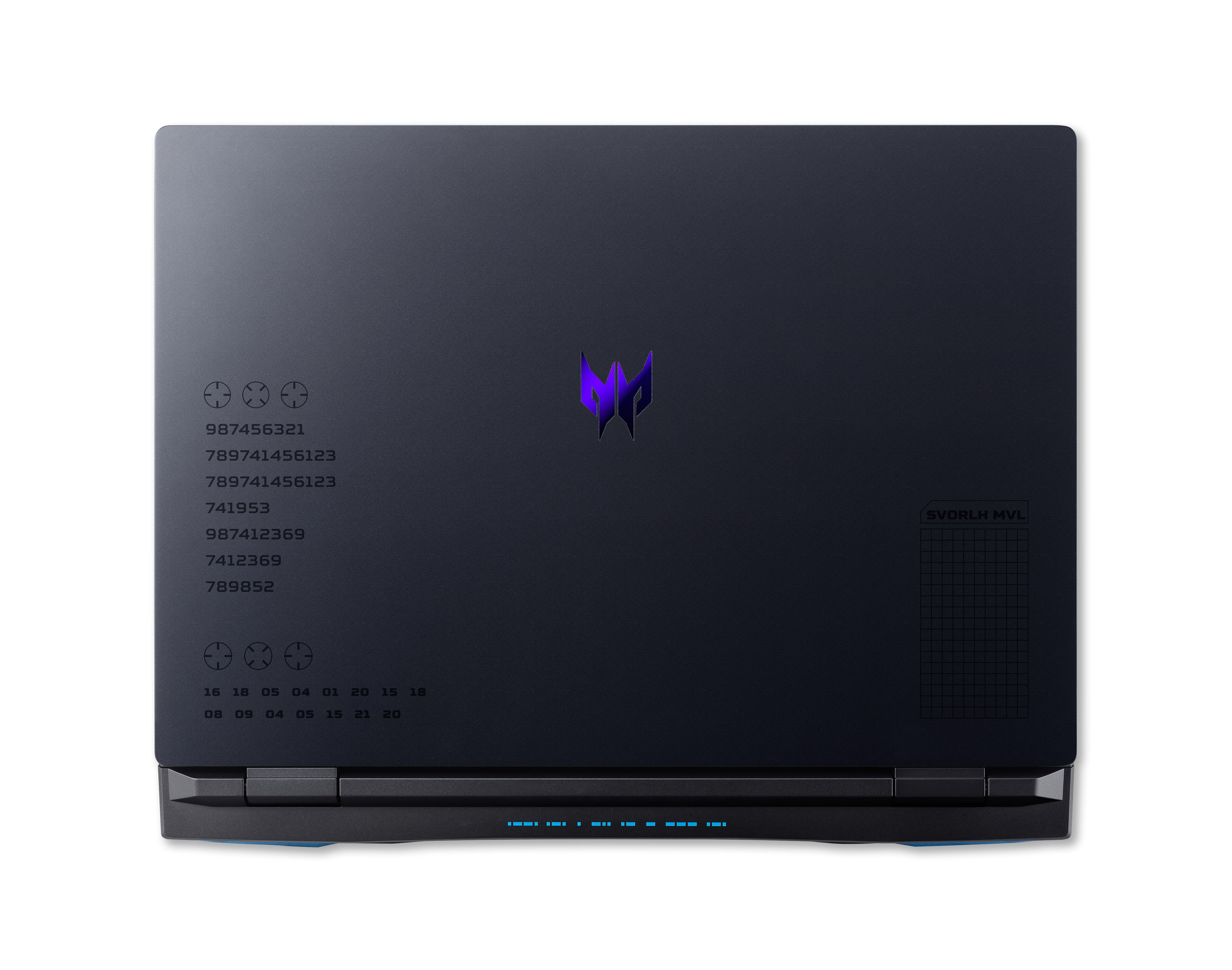 Schwarzer Laptop mit lila Logo auf der Rückseite. Es hat Text und Fadenkreuz-ähnliche Designs.