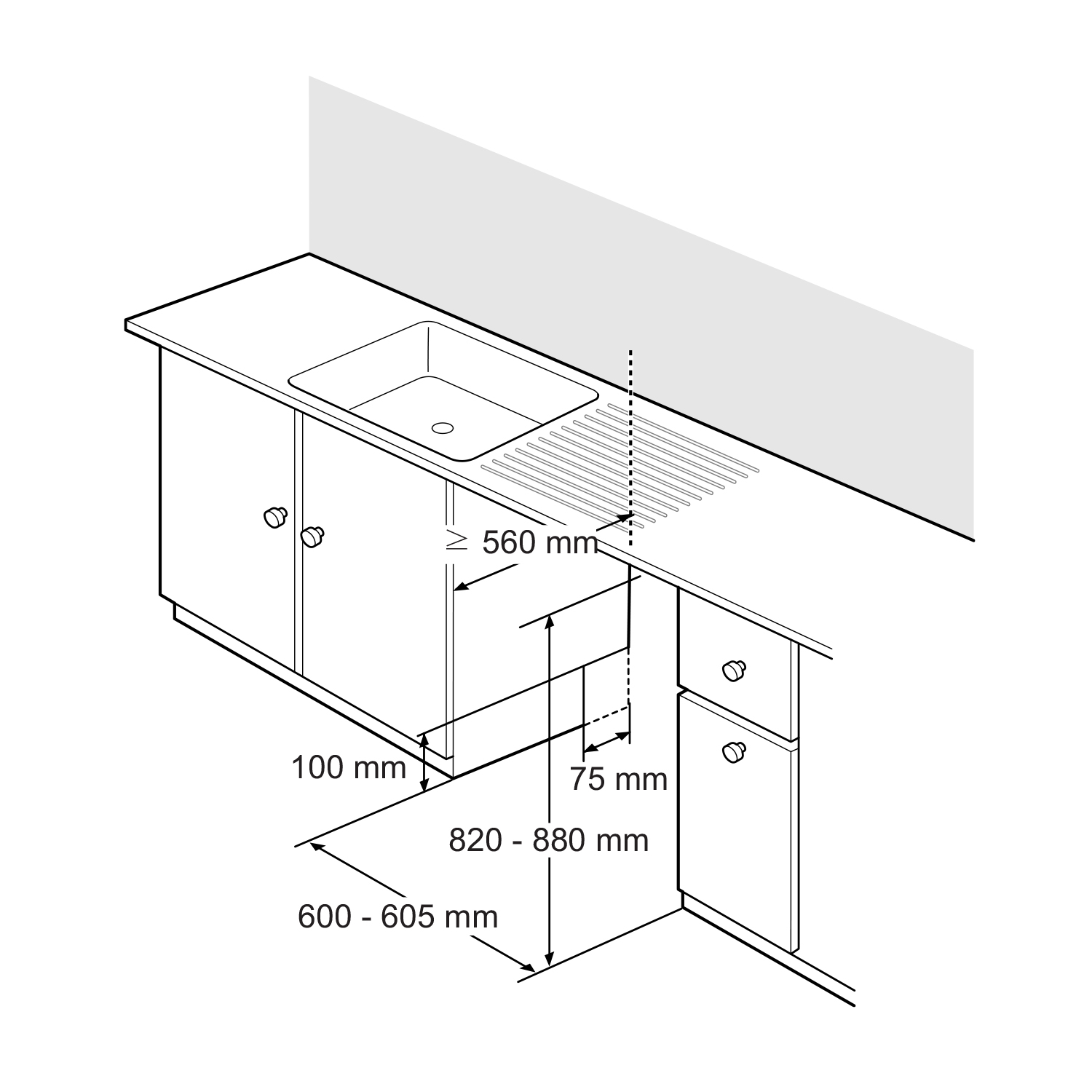 Design del mobile da cucina con dimensioni e dettagli di posizionamento del lavandino.