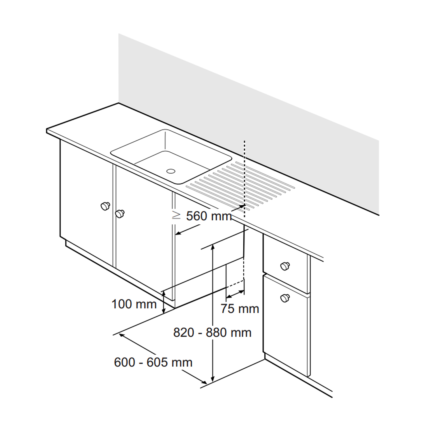 Un'illustrazione mostra un mobile da cucina con dimensioni di installazione.