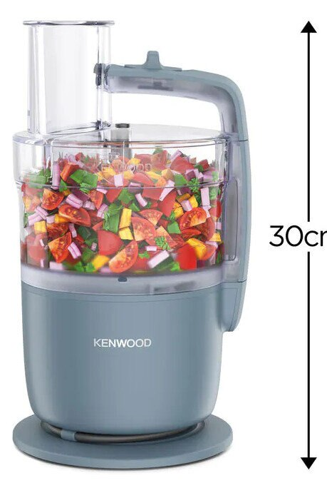 Niebieski robot kuchenny Kenwood z posiekanymi warzywami, z pomiarem 30cm.
