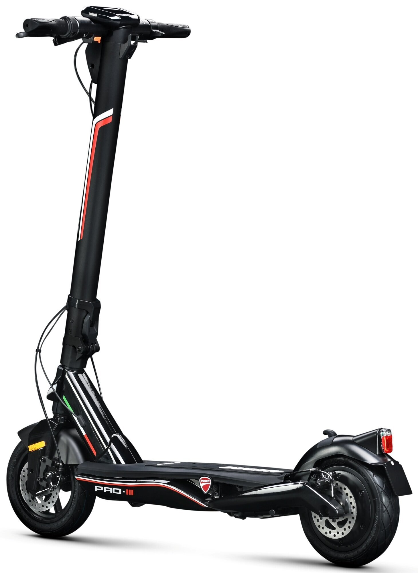 Czarna hulajnoga elektryczna Ducati PRO-III z czerwonymi i białymi akcentami na białym tle.