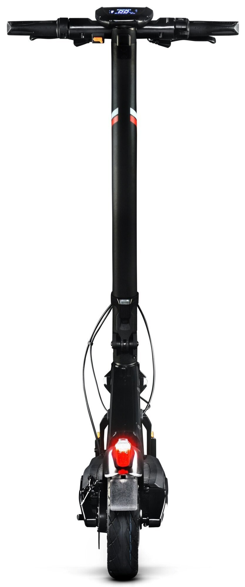 Czarna hulajnoga elektryczna, widok z przodu, z czerwonymi światłami i czarną oponą.