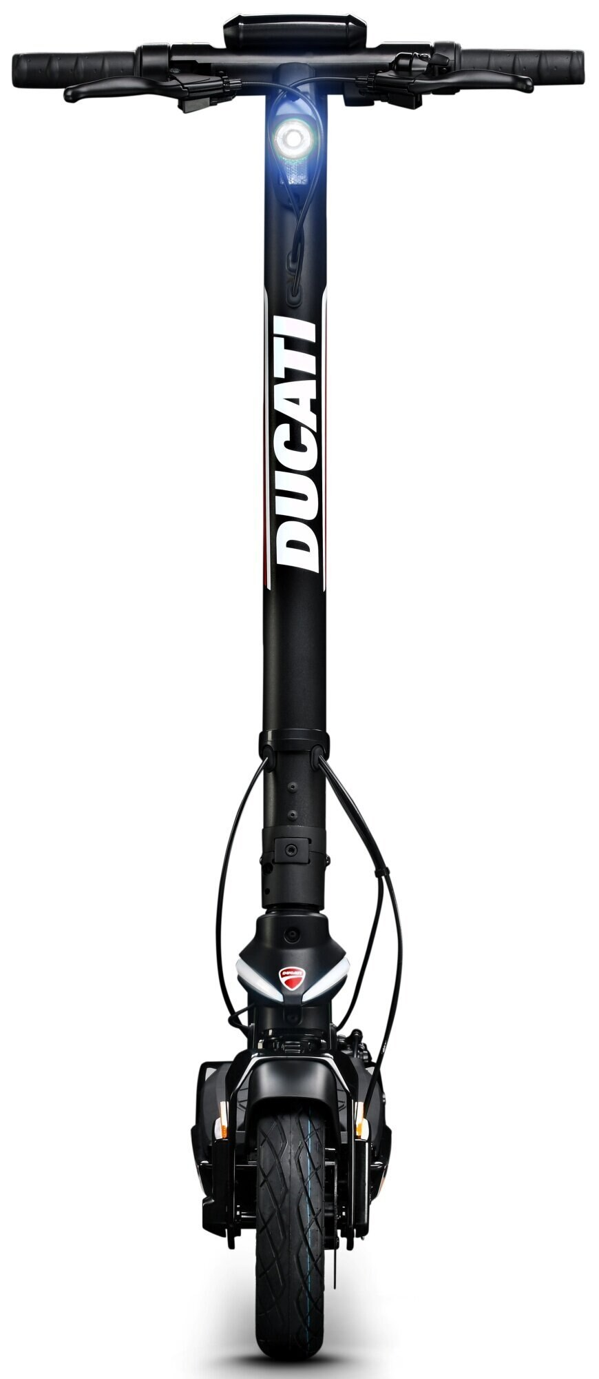 Czarny skuter Ducati, widok z przodu, z włączonym reflektorem. Posiada logo Ducati.