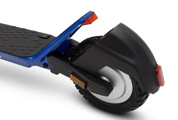 Tył niebiesko-czarnej hulajnogi elektrycznej z białym kołem.