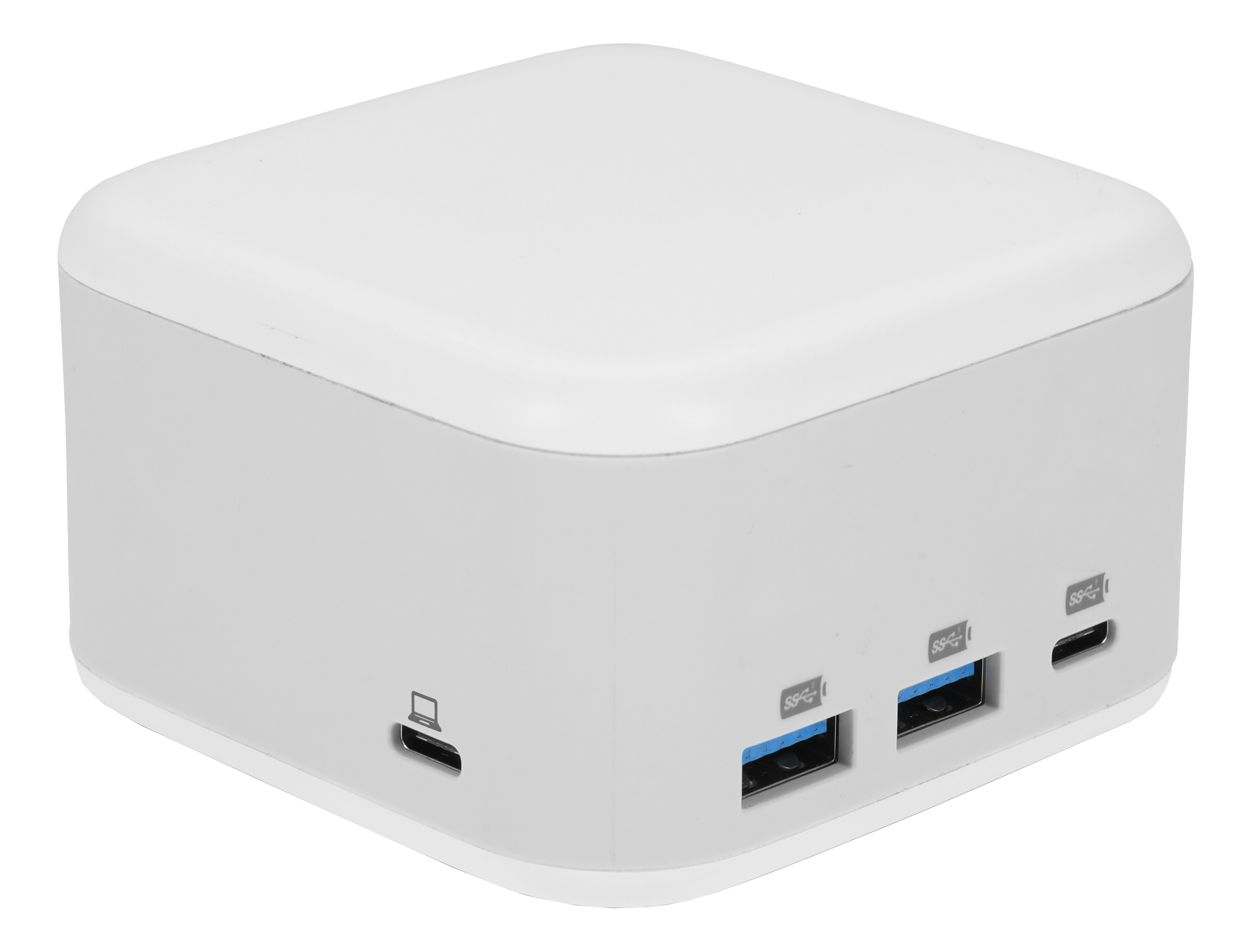 Weißes würfelförmiges Gerät mit mehreren Anschlüssen: USB, USB-C und Mini-USB. Es ist ein Hub.