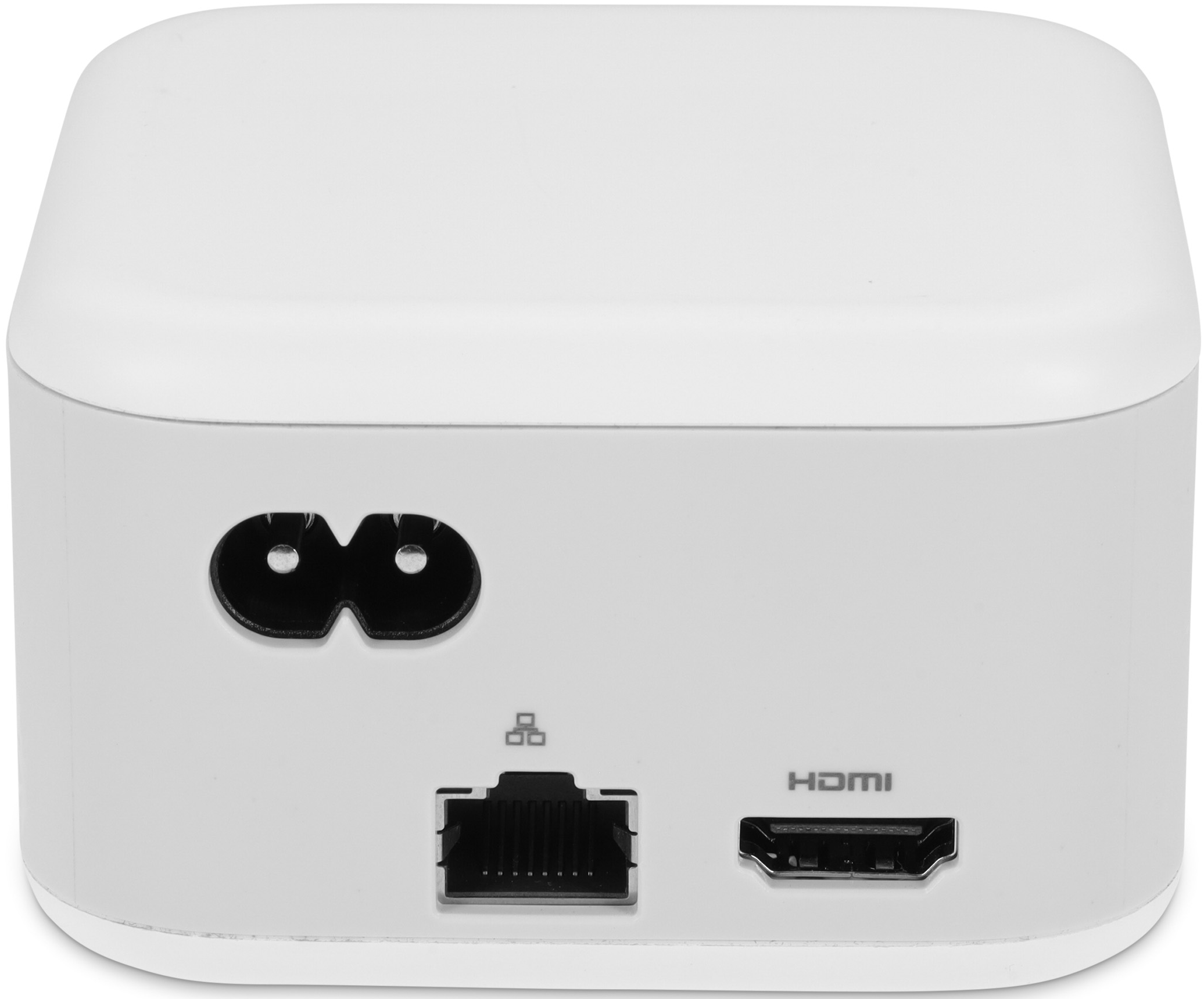 Weißes Gerät mit Strom-, Ethernet- und HDMI-Anschlüssen.