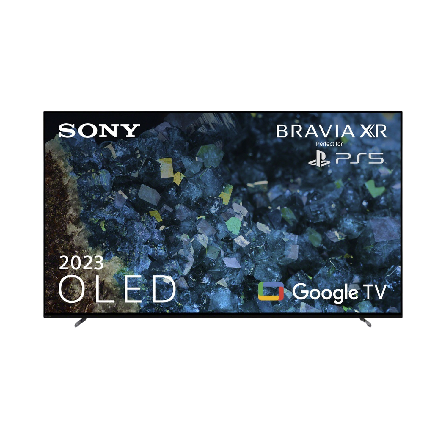 A black Sony Bravia XR OLED TV displaying a colorful abstract image, and text 'Google TV'.