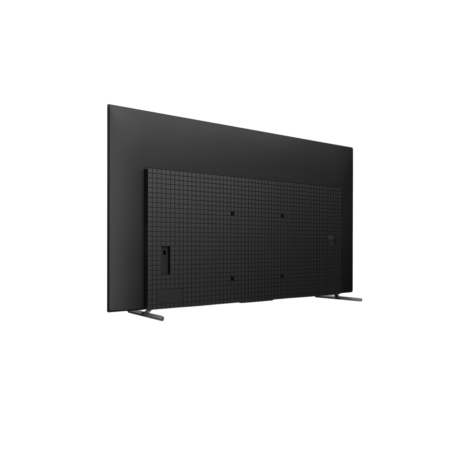 Black TV, angled view of back.  Features a grid-like panel and a stand.