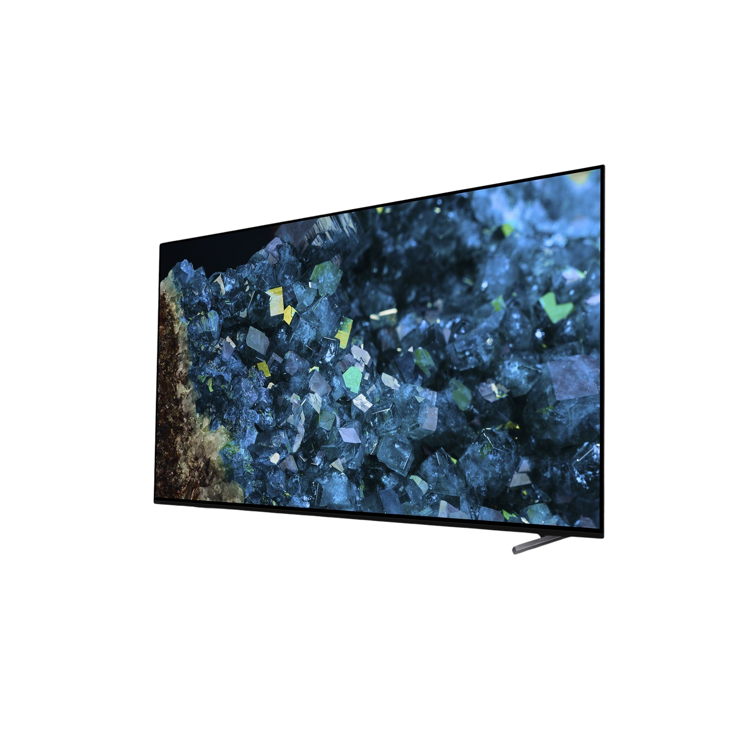 A curved Samsung TV displaying a blue and green abstract image.