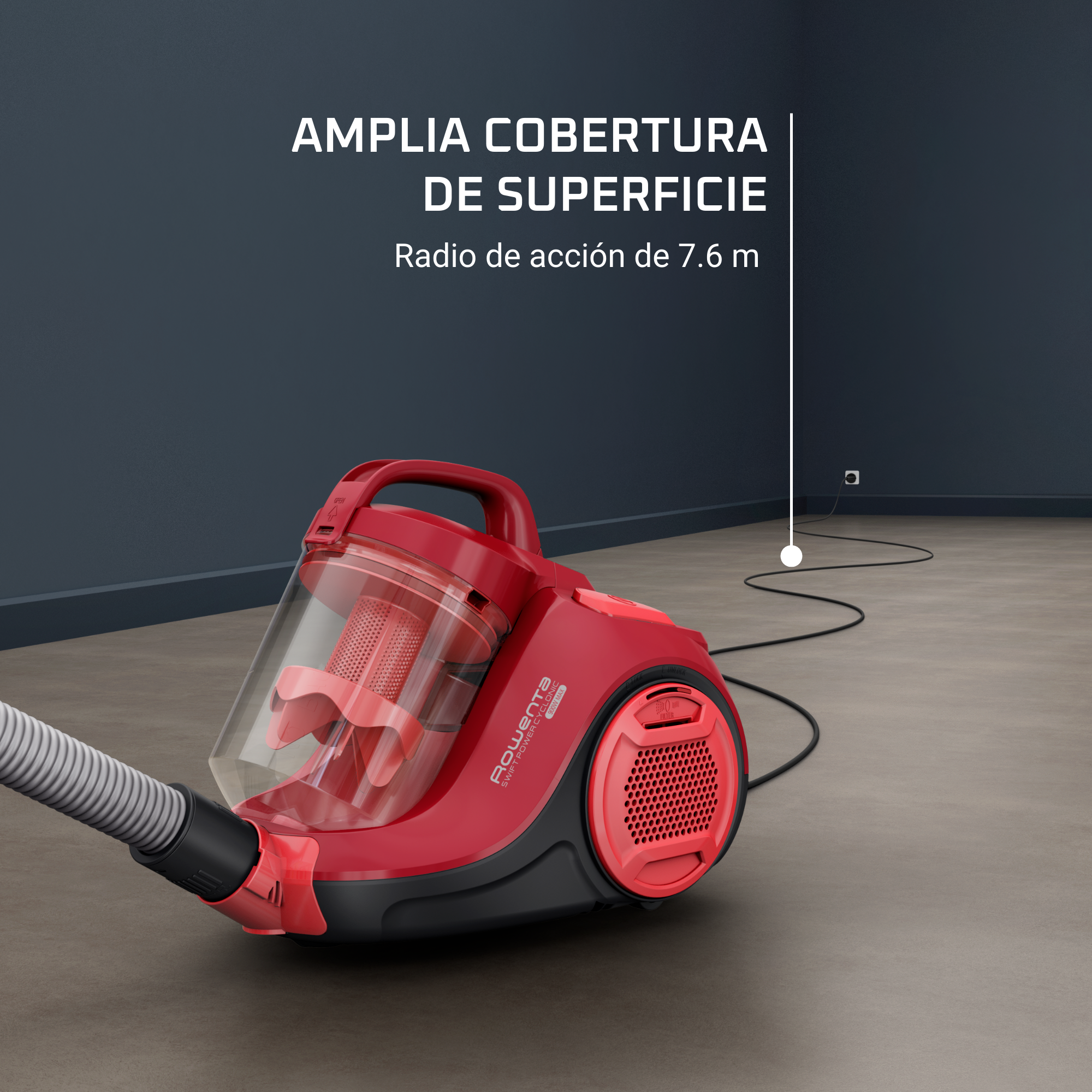 Aspiradora roja en el suelo. La imagen muestra la aspiradora y una línea de medición.