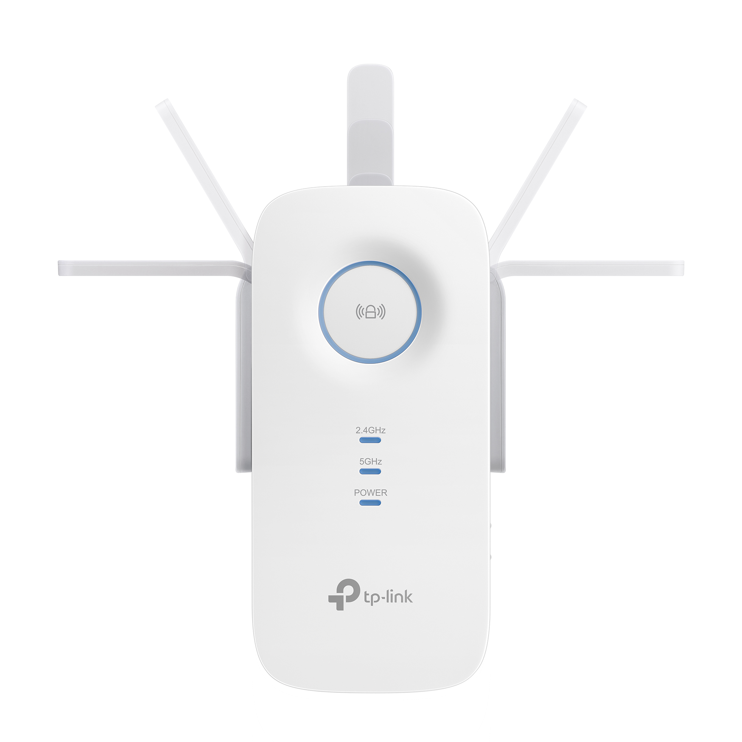 Extensor Wi-Fi TP-Link blanco con antenas. Luces azules indican estado de energía y Wi-Fi.