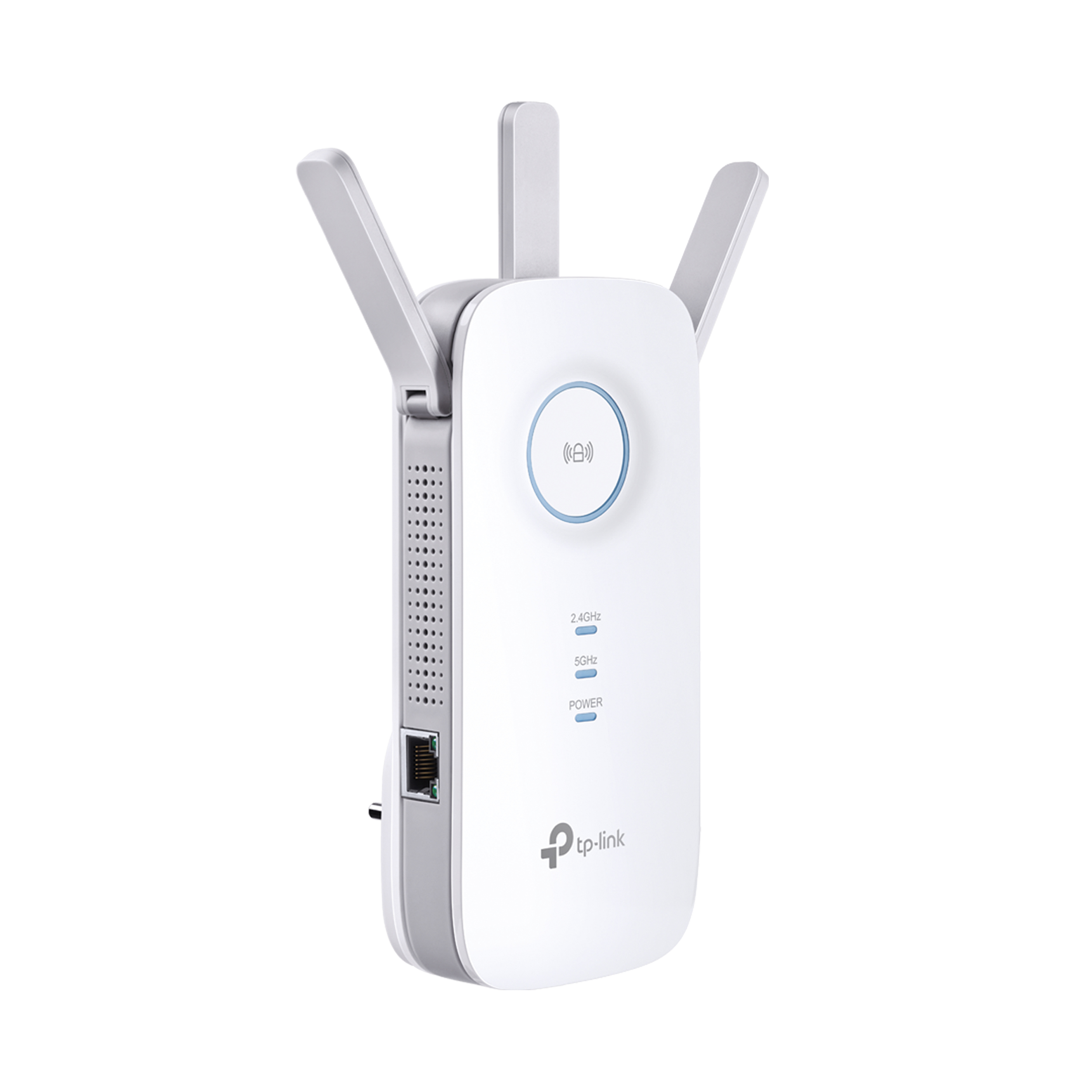 Extensor WiFi TP-Link blanco con tres antenas y puerto de alimentación y Ethernet.