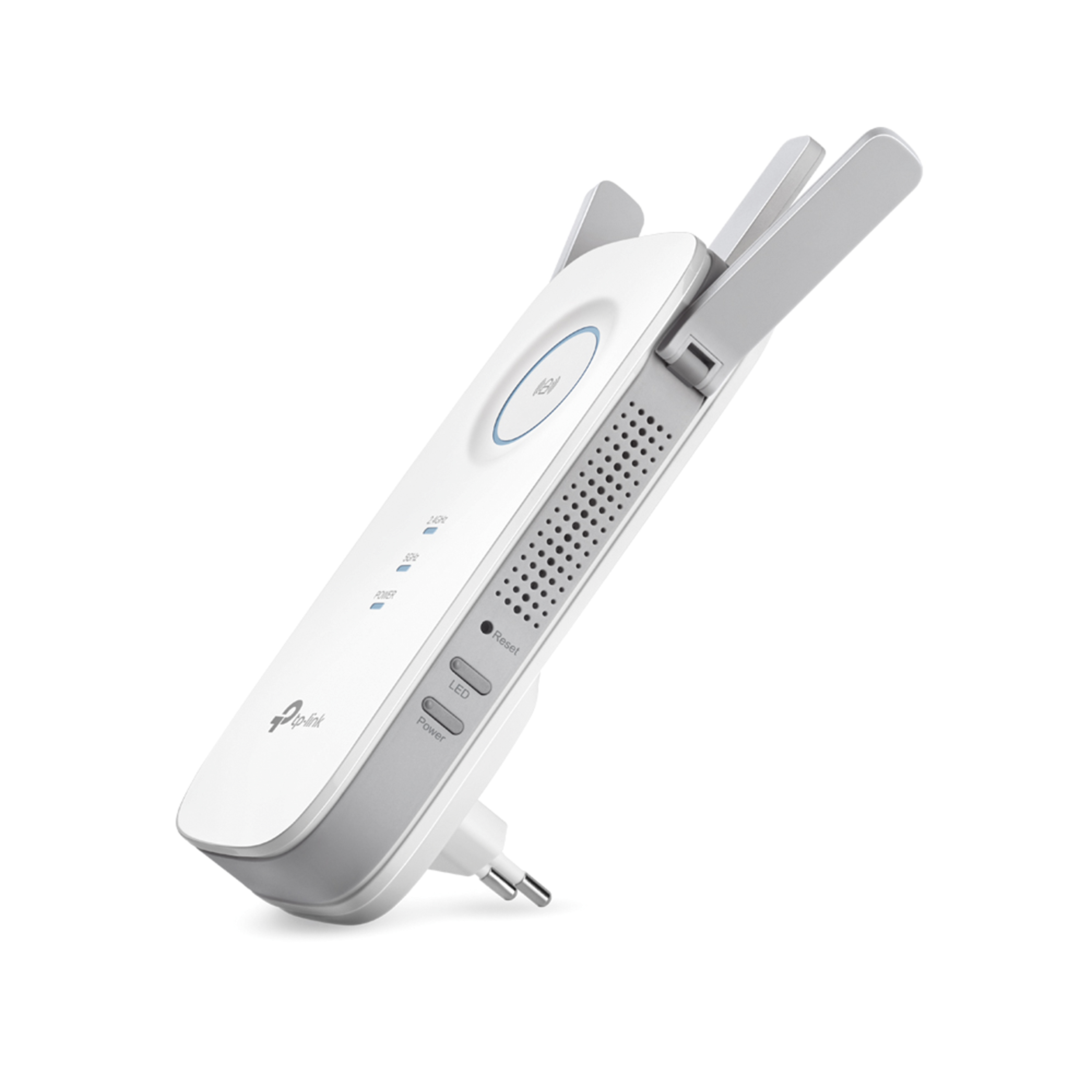 Un extensor Wi-Fi TP-Link blanco con antenas ajustables, contra un fondo blanco.