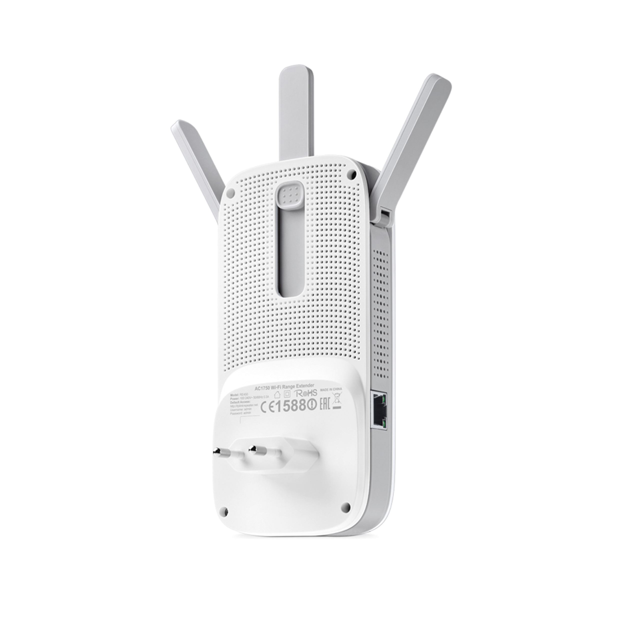 Extensor de rango WiFi blanco con antenas extendidas. Vista trasera.