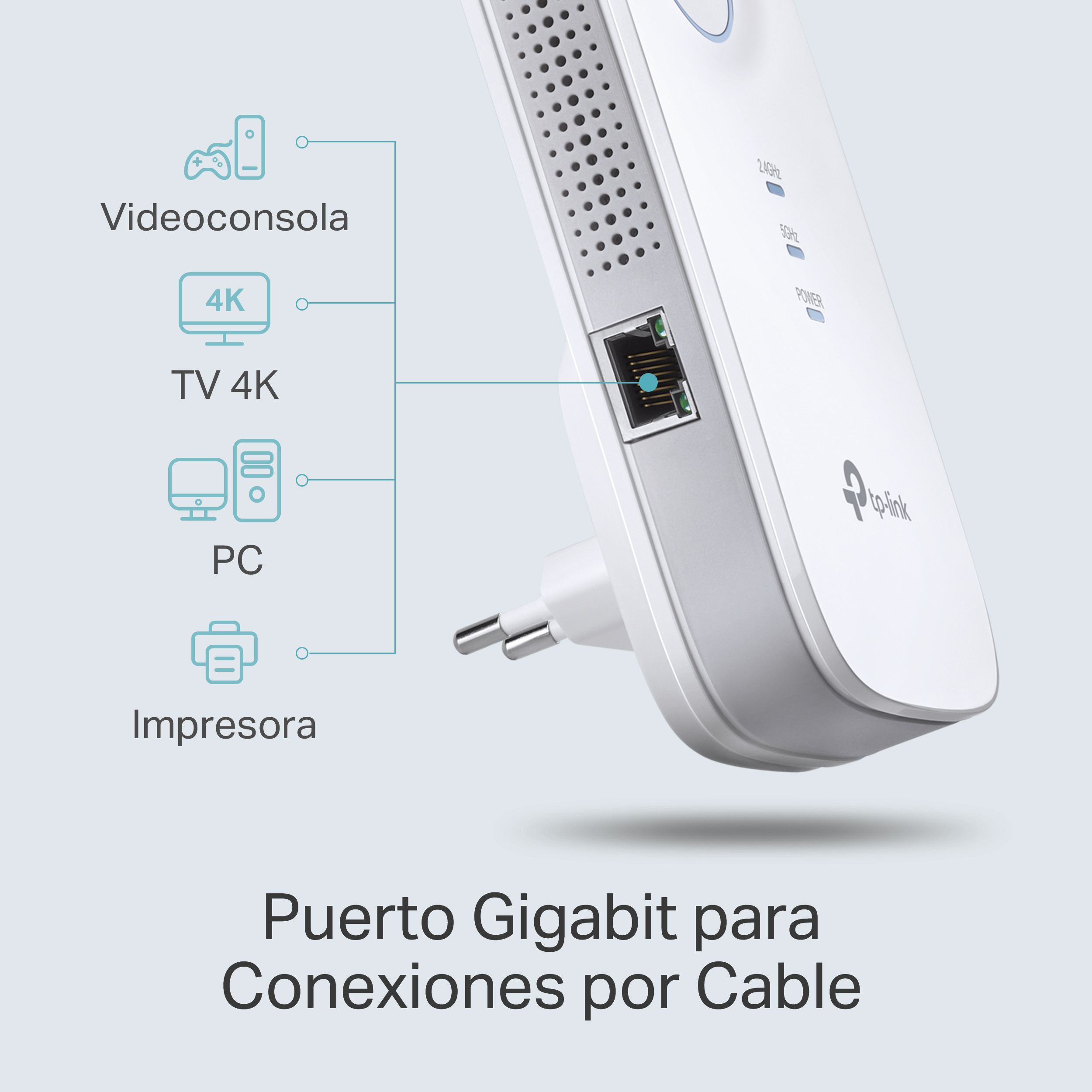 Extensor TP-Link blanco con puerto Gigabit y conexiones a dispositivos.