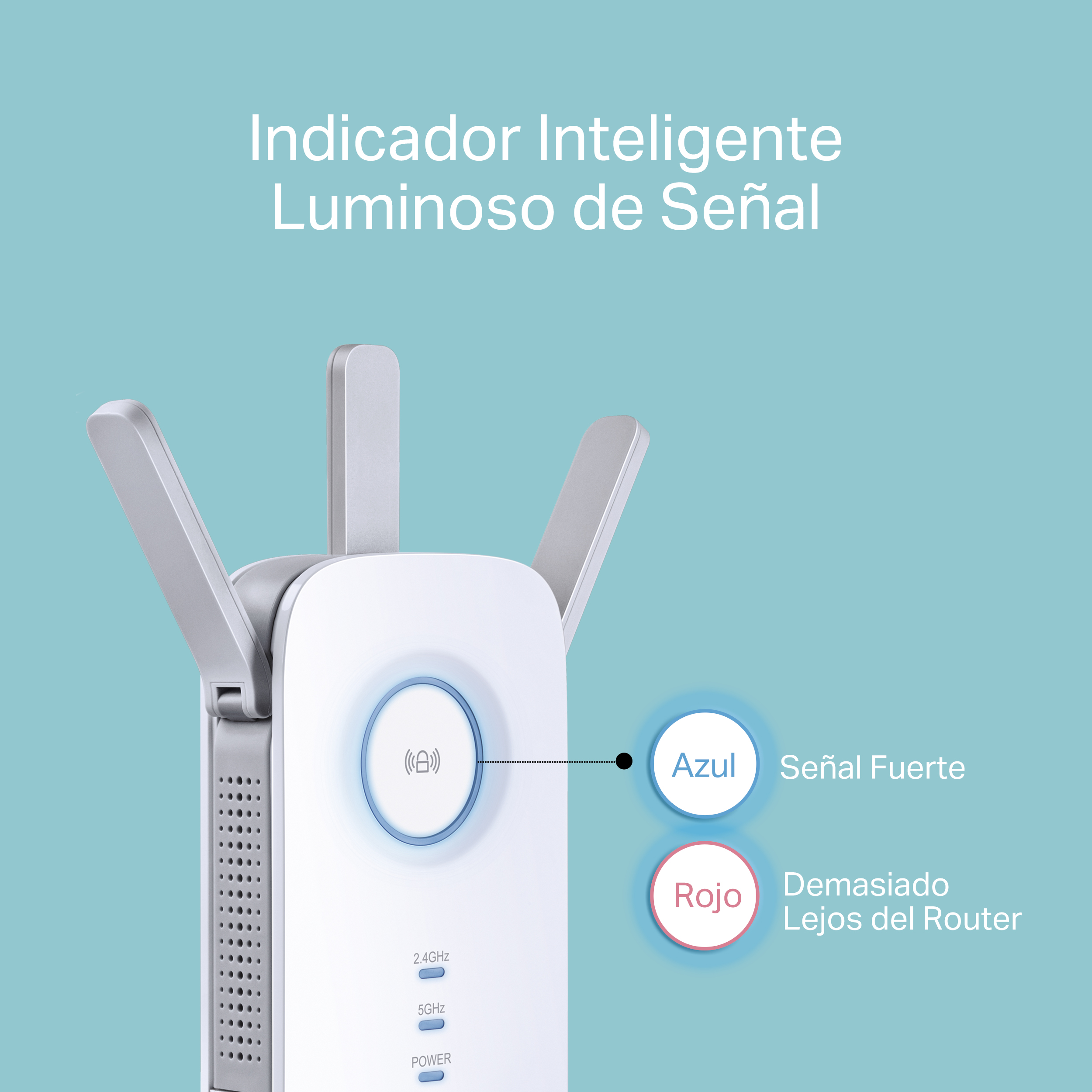 Un extensor wifi blanco con antenas, luz azul y luz roja. El texto dice 'Señal fuerte' y 'Demasiado lejos'.
