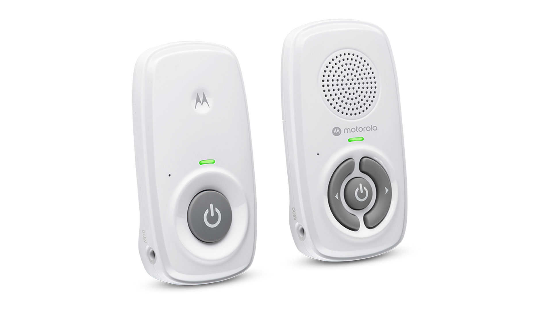 Két fehér Motorola bébiőr bekapcsoló és funkció gombokkal, fehér háttér előtt izolálva.