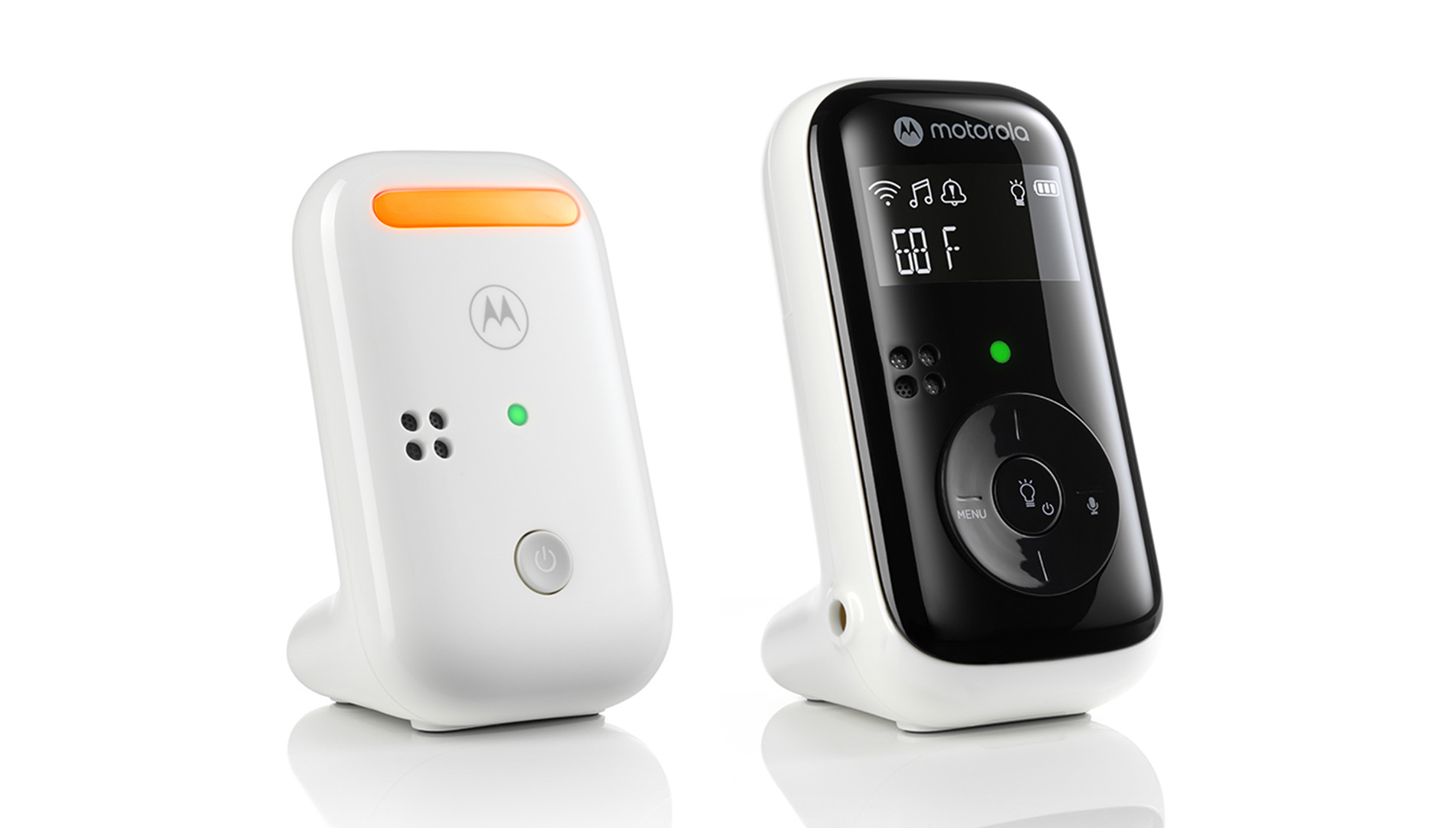 Motorola bébiőr, két részből áll, fehér és fekete, képernyővel és gombokkal.