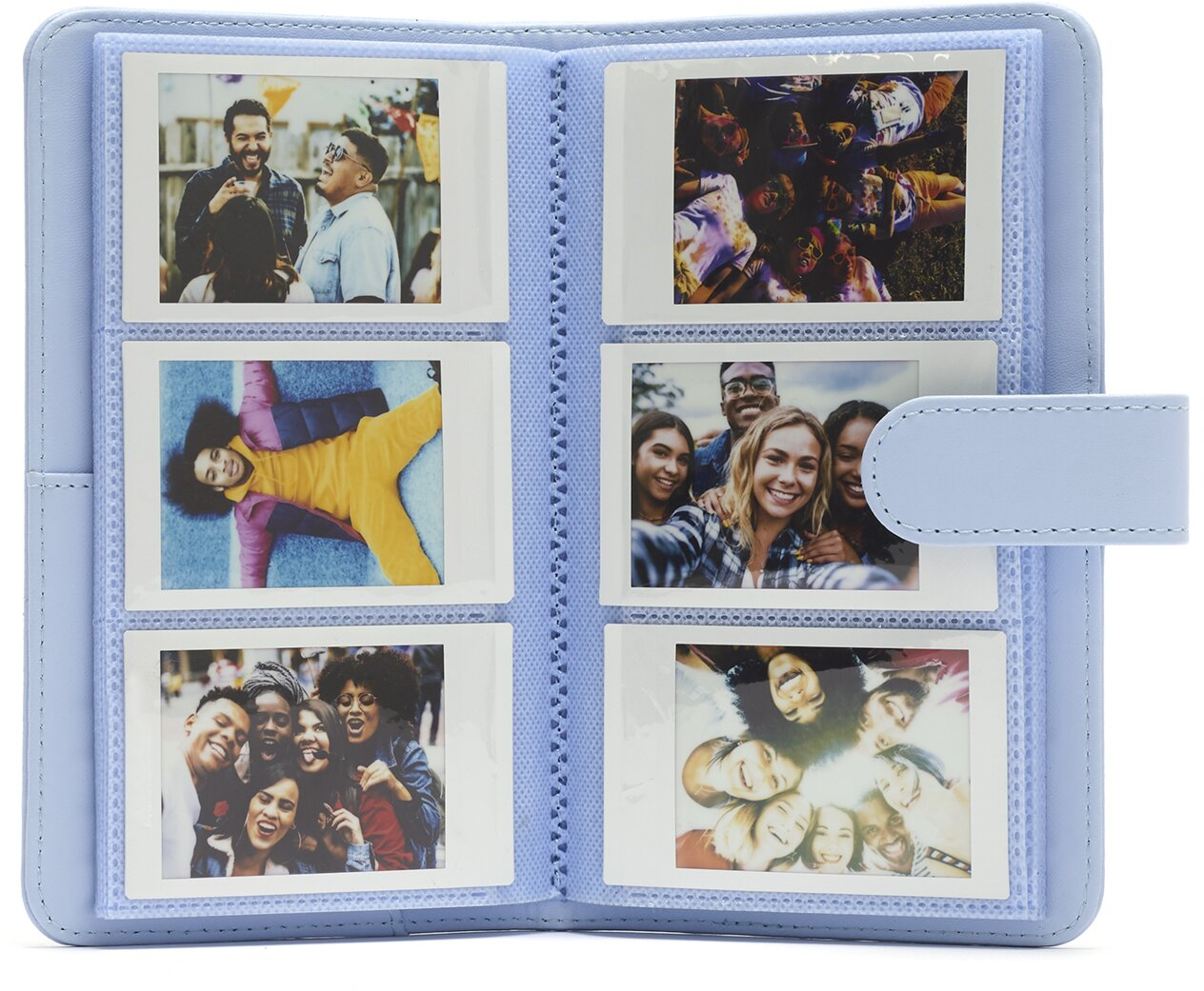 Fotoalbum mit sechs farbenfrohen Fotos von Menschen.