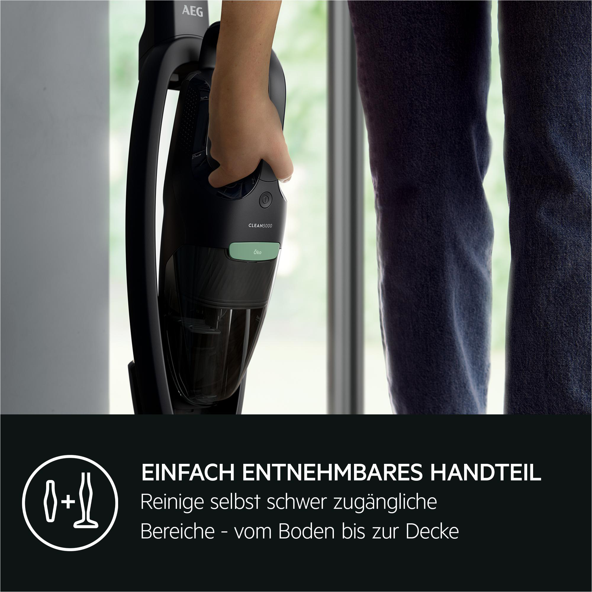 Die Hand einer Person, die einen schwarzen Staubsauger hält, mit Text darunter.