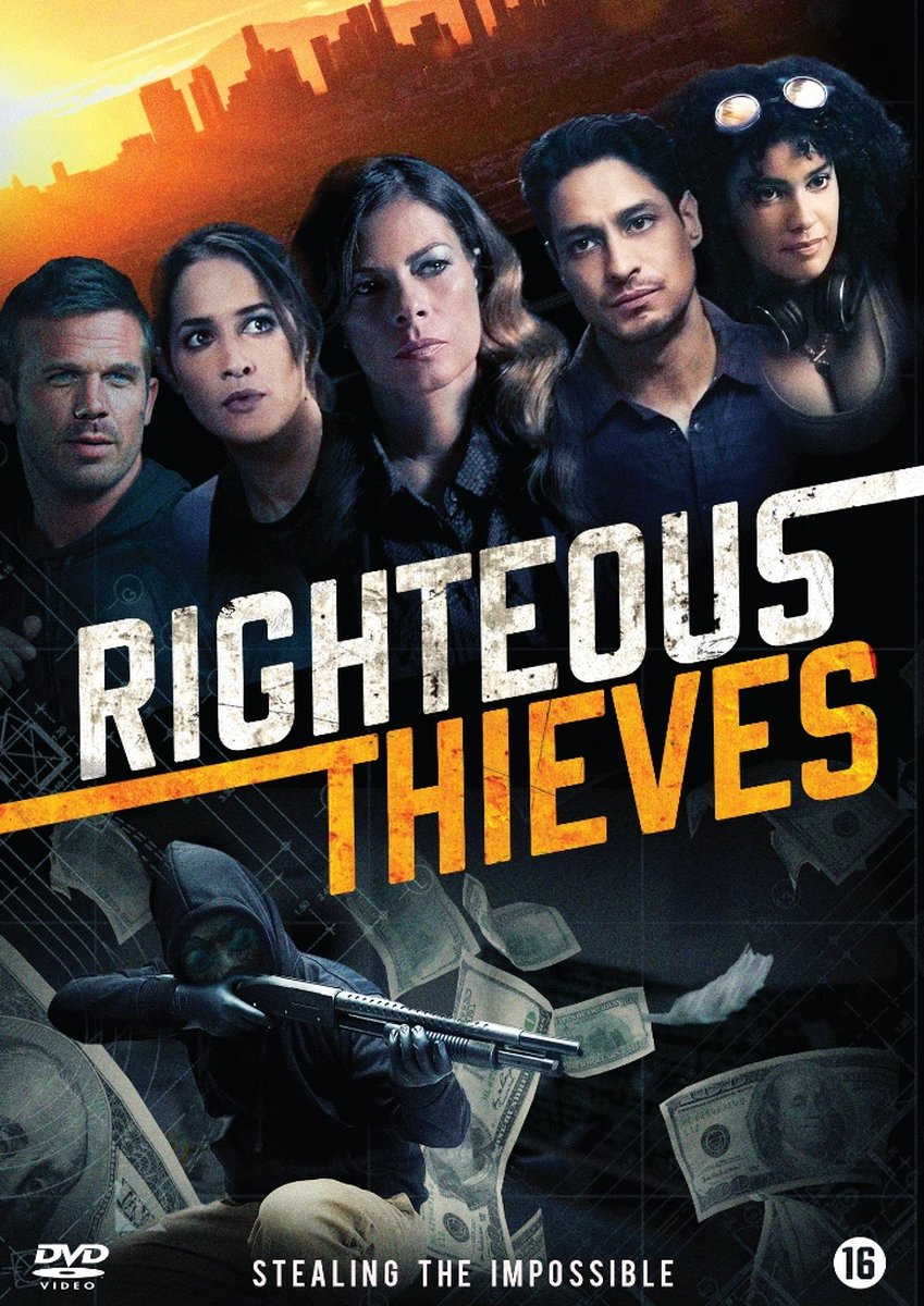 Filmposter: Righteous Thieves, een groep mensen, een gemaskerde persoon met een geweer.