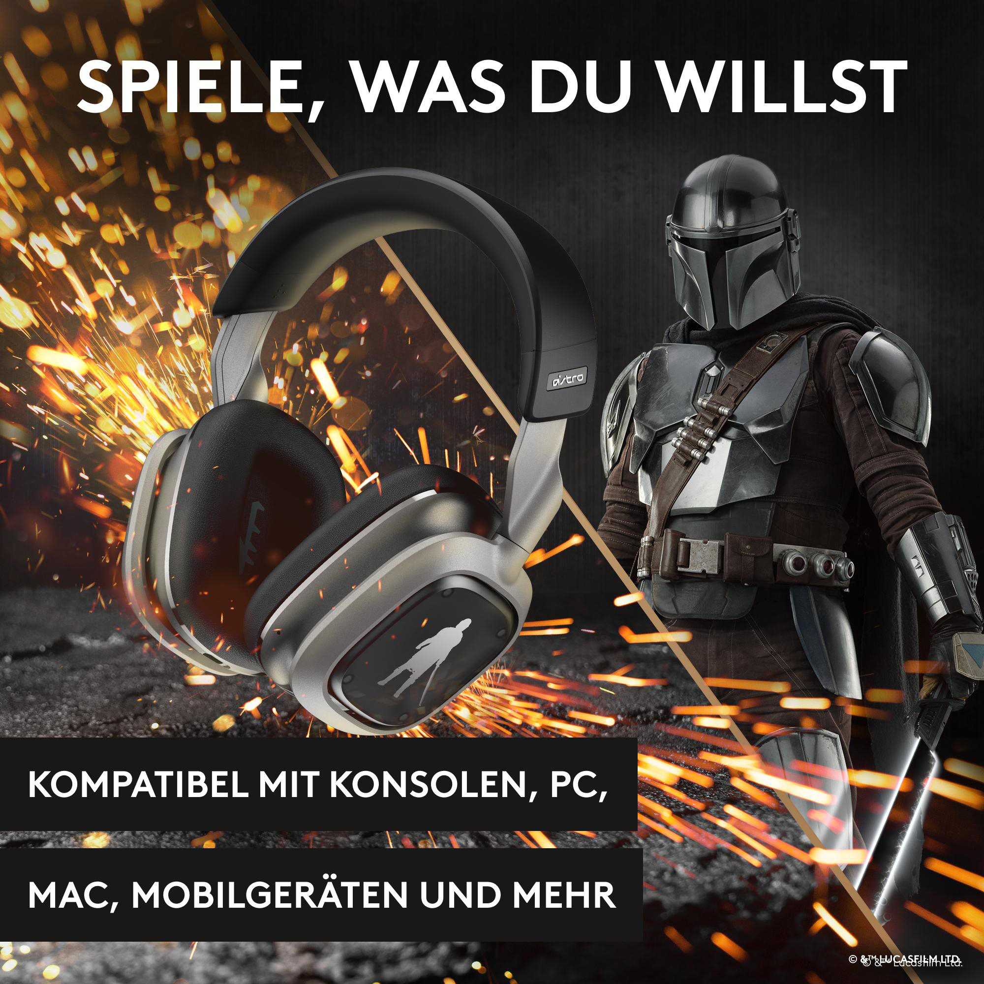 Headset mit Mandalorian-Bild, Text über Gaming.