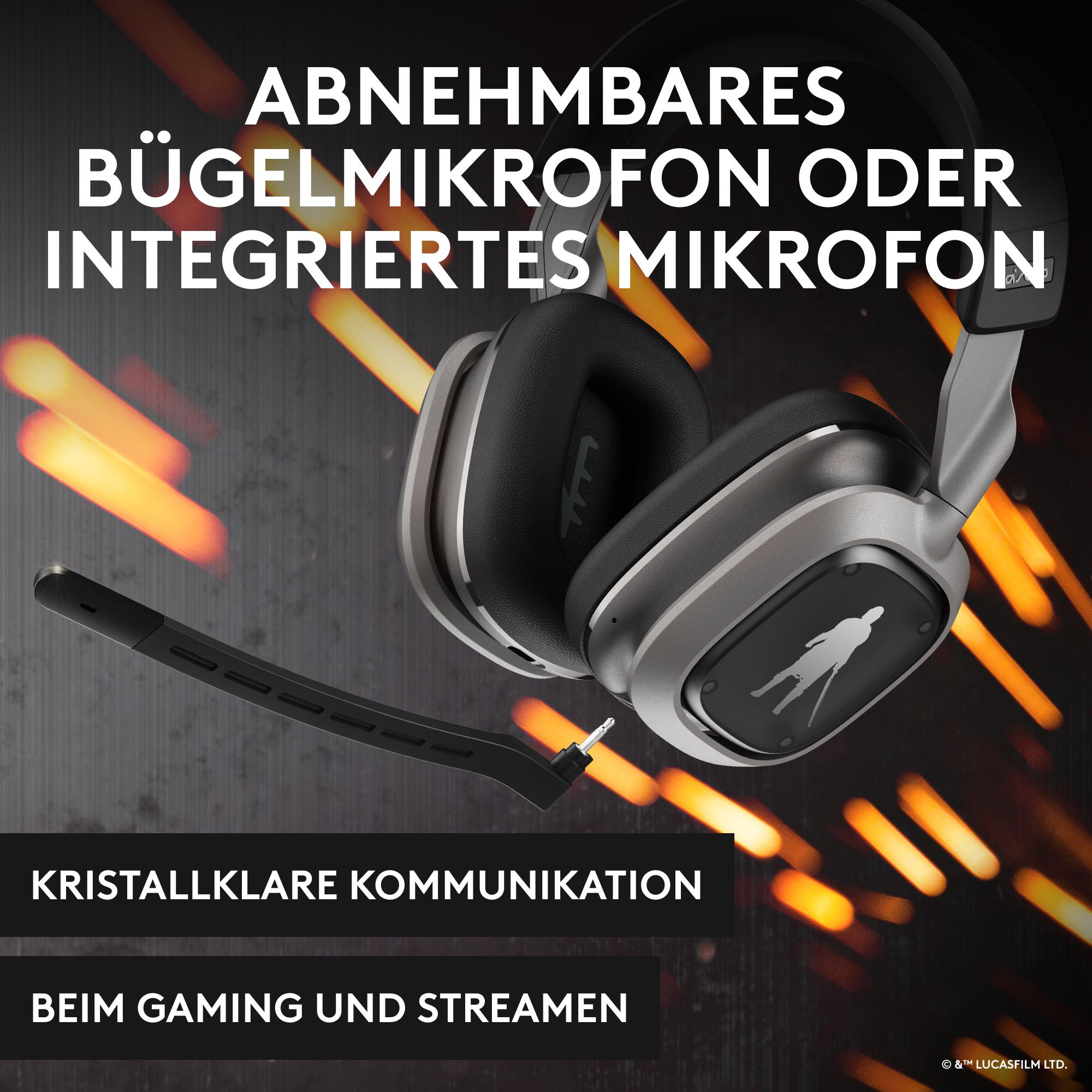 Schwarzes und silbernes Gaming-Headset. Text lautet: 'Abnehmbares Bügelmikrofon oder integriertes Mikrofon'.