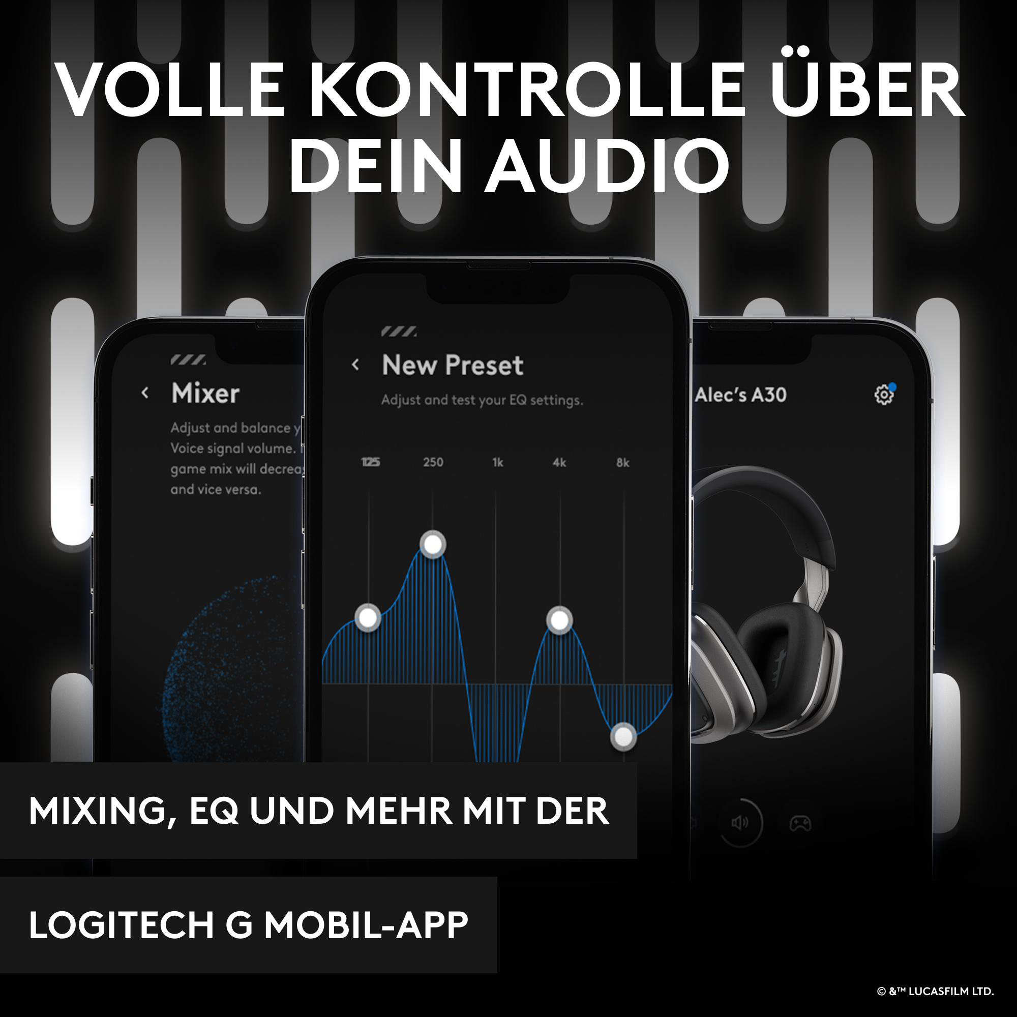 Drei Telefone mit App-Oberflächen und ein Paar Kopfhörer.
