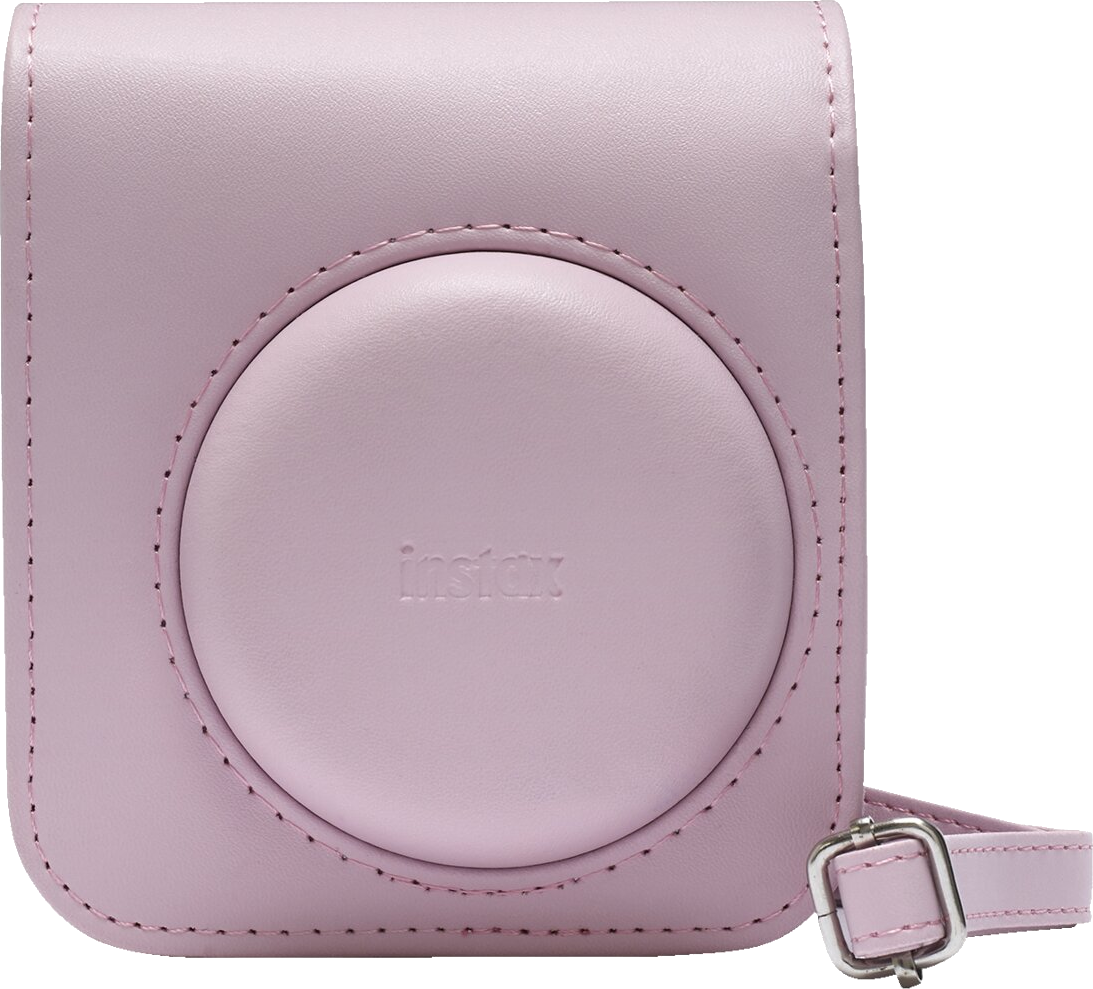 Rosa Instax Kameratasche mit Trageriemen. Quadratisch, mit rundem Knopf.