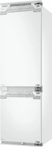 Biała lodówka Samsung, dwudrzwiowa, na białym tle.