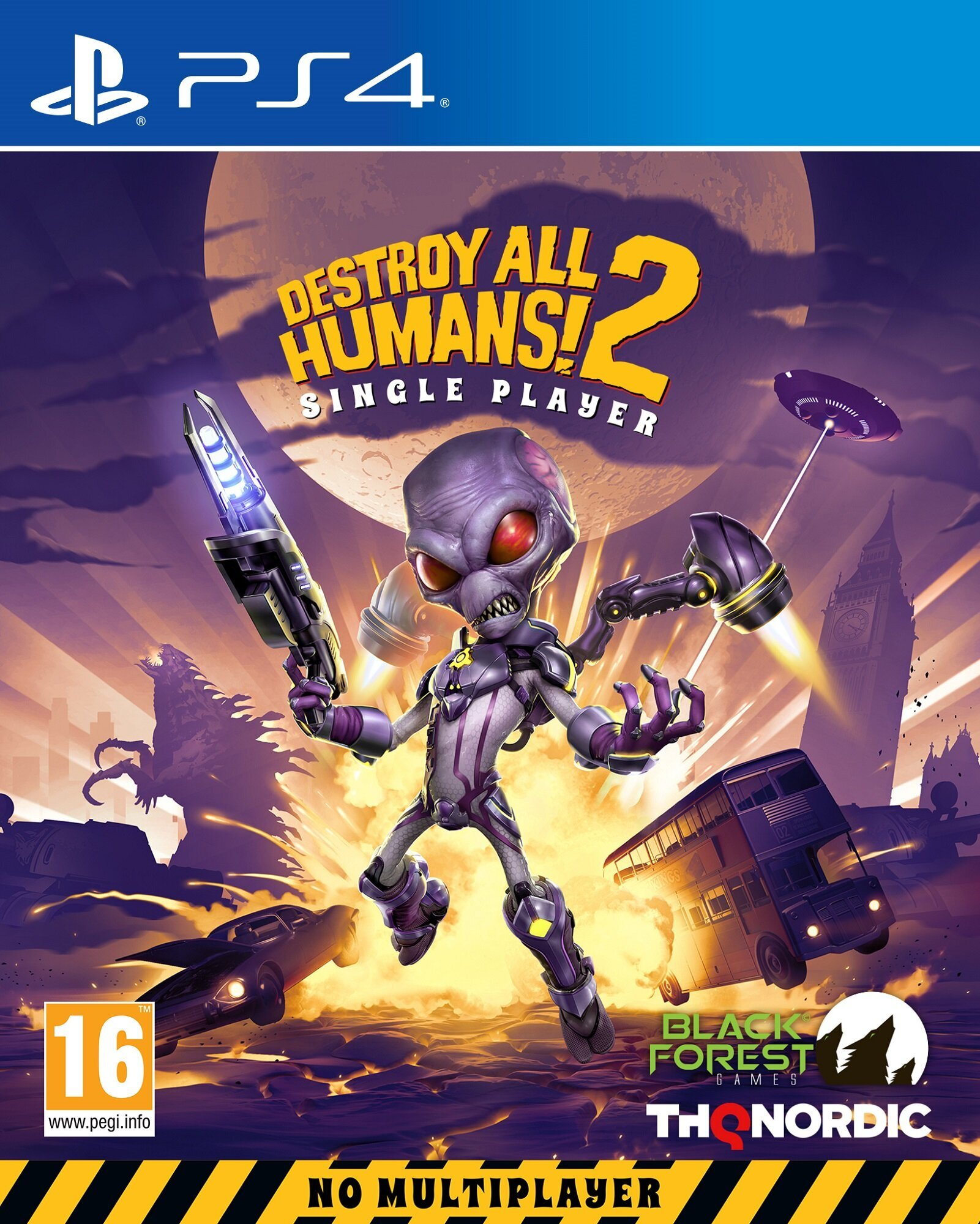 Okładka gry Destroy All Humans! 2, kosmita z bronią, miasto i UFO.