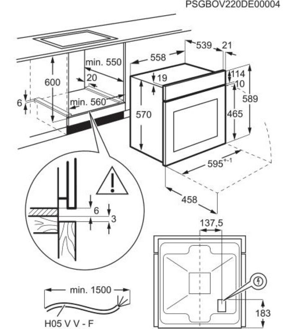 Schemat piekarnika do zabudowy z wymiarami i instrukcjami instalacji.