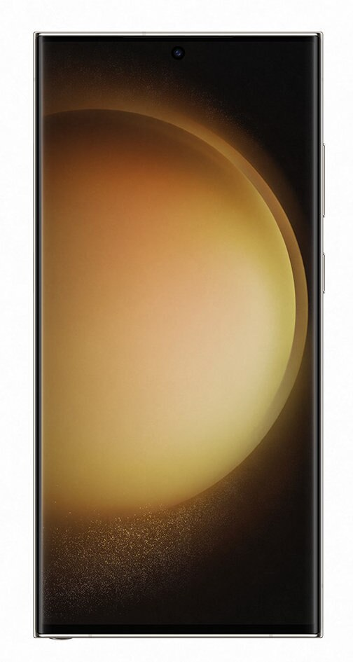 Smartfon ze złotym gradientem z tyłu. Ma aparat i czarny ekran.