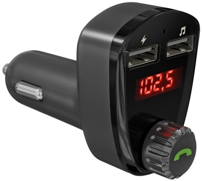 Czarna ładowarka samochodowa z portami USB i cyfrowym wyświetlaczem pokazującym częstotliwość radiową.