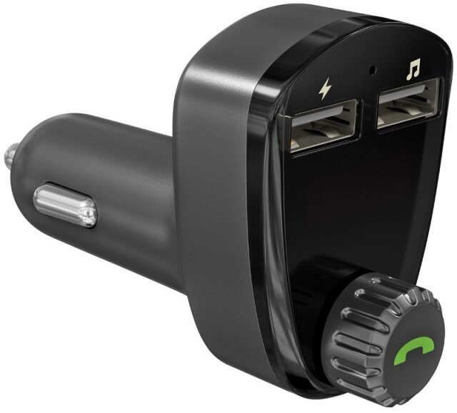 Czarna ładowarka samochodowa z portami USB i pokrętłem, zbliżenie, białe tło.