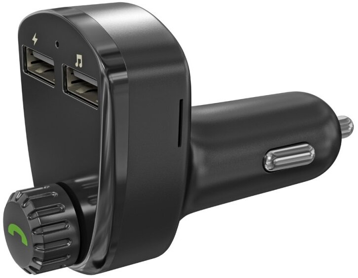 Czarna ładowarka samochodowa z portami USB, wyświetlaczem i przyciskiem, zbliżenie.