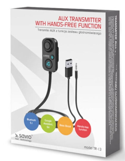 Pudełko nadajnika AUX z funkcją zestawu głośnomówiącego, kablami i tekstem.