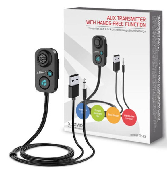 Nadajnik AUX z czarną obudową oraz kablami USB i AUX. Na pudełku znajduje się również zdjęcie urządzenia.