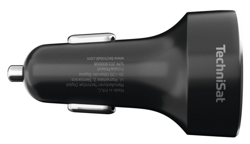 Czarna ładowarka samochodowa TechniSat z tekstem i marką na białym tle.
