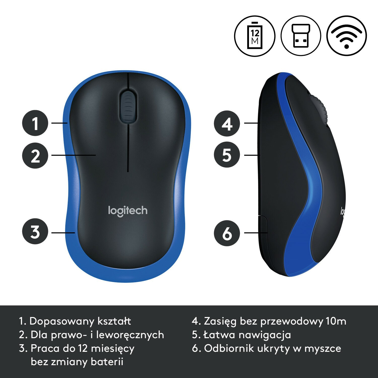 Niebiesko-czarna mysz Logitech. Diagram pokazuje funkcje. Etykiety tekstowe są z boku.