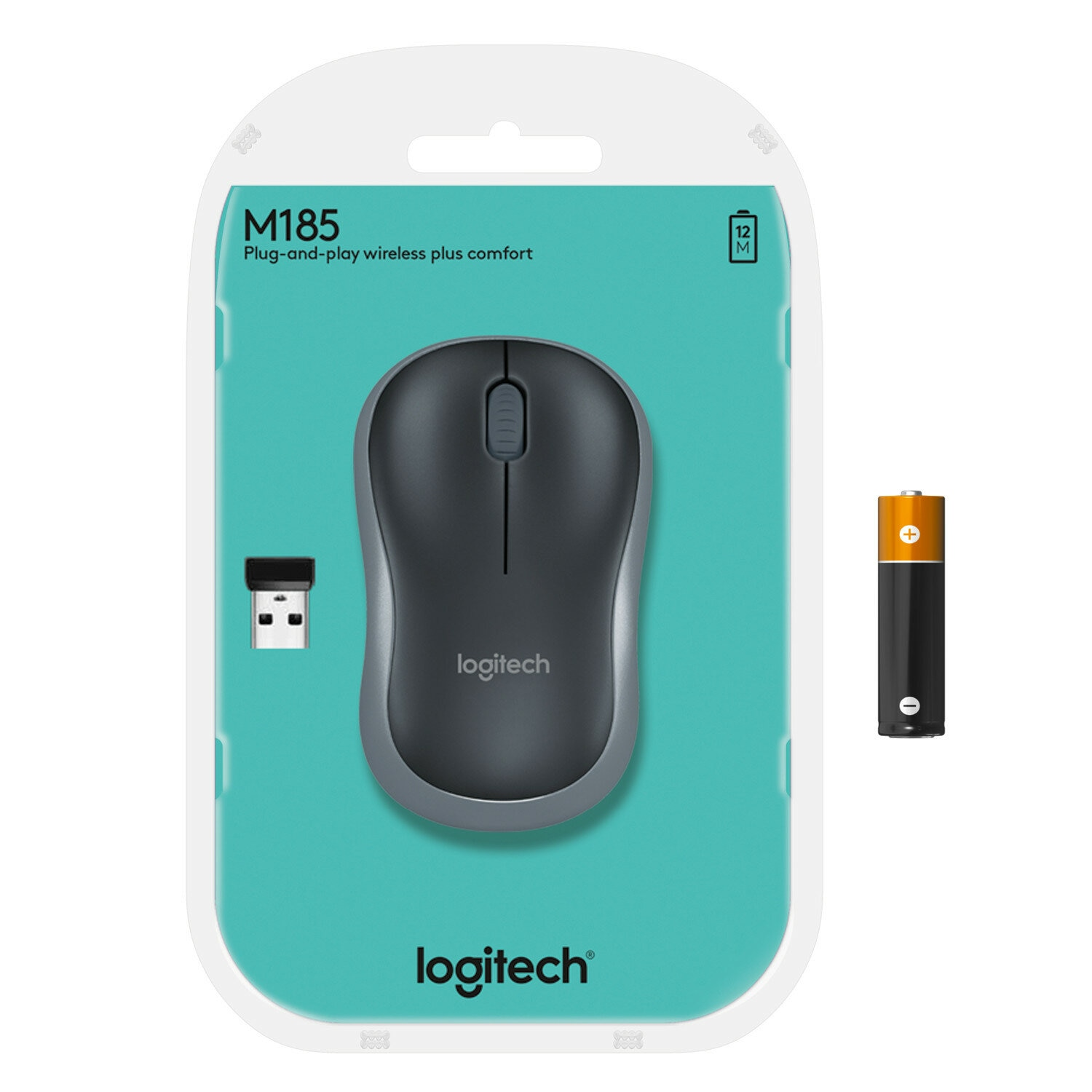Mysz bezprzewodowa Logitech M185 w opakowaniu, z odbiornikiem USB i baterią AA.