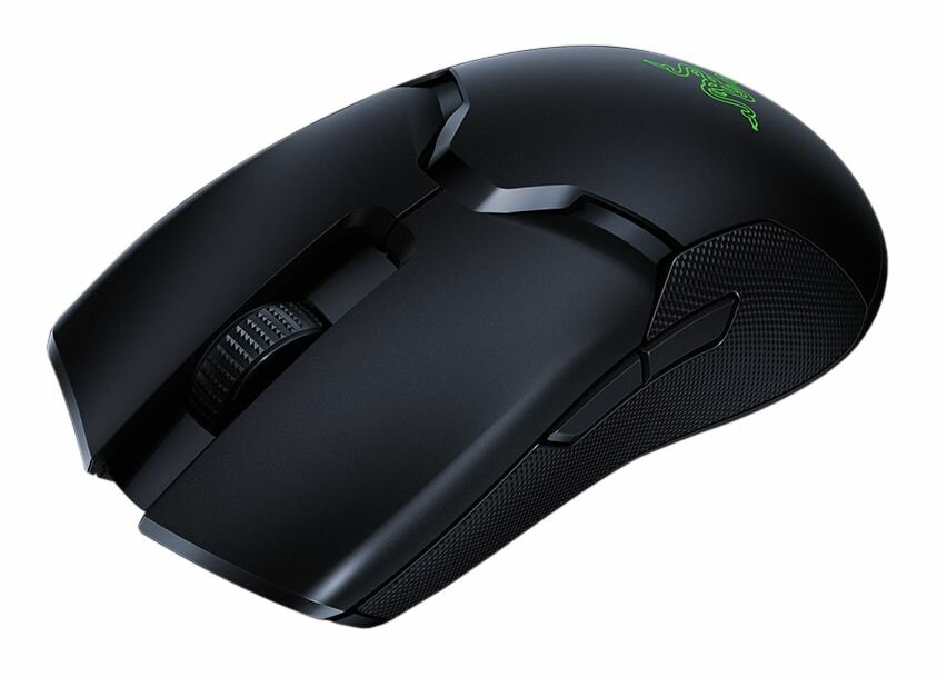 Czarna mysz gamingowa Razer. Posiada kółko przewijania, boczne przyciski i zielone logo Razer.