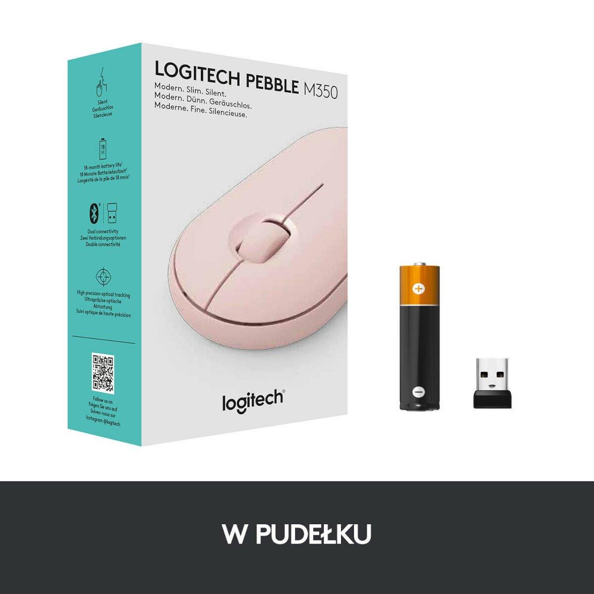 Różowa mysz komputerowa w pudełku z baterią i odbiornikiem USB. Białe tło.