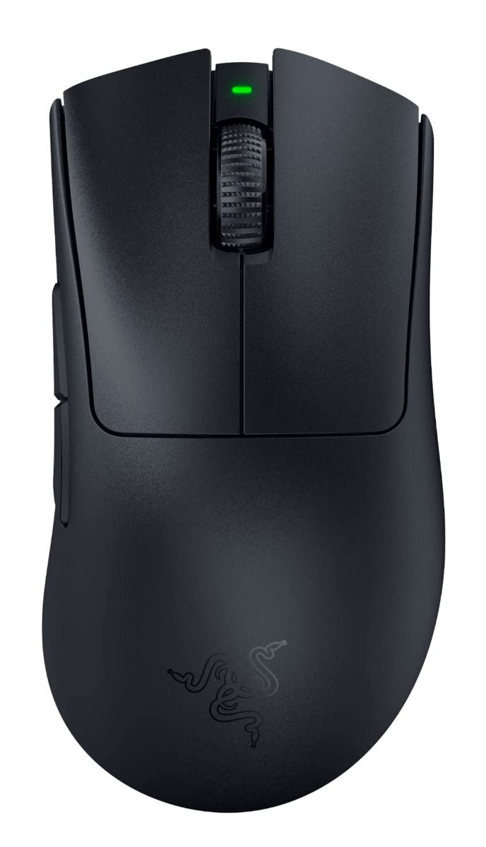 Czarna mysz komputerowa Razer. Ma kółko przewijania, przyciski i logo Razer.