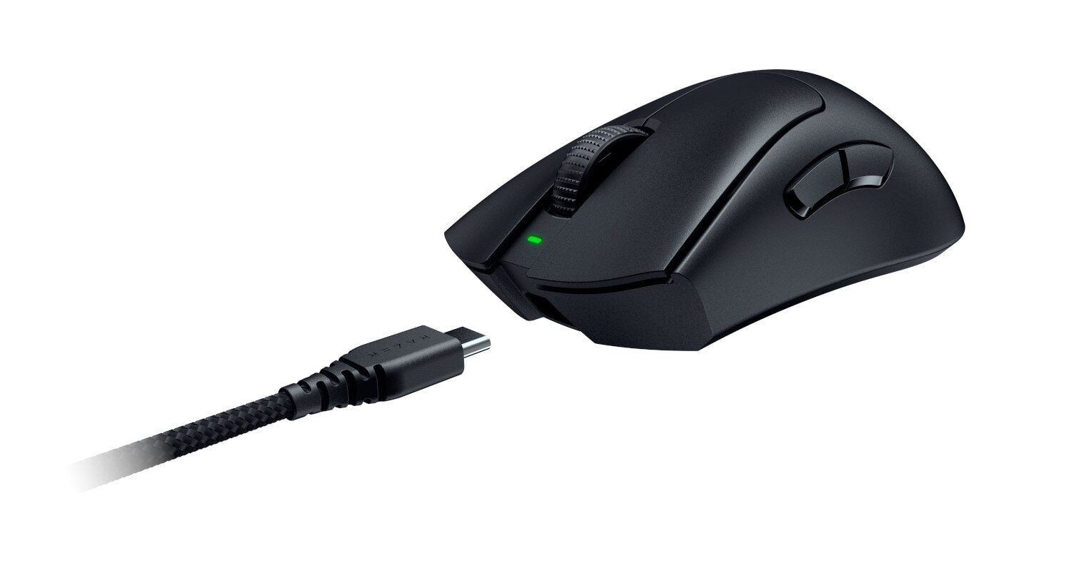 Czarna mysz bezprzewodowa z kablem USB-C.