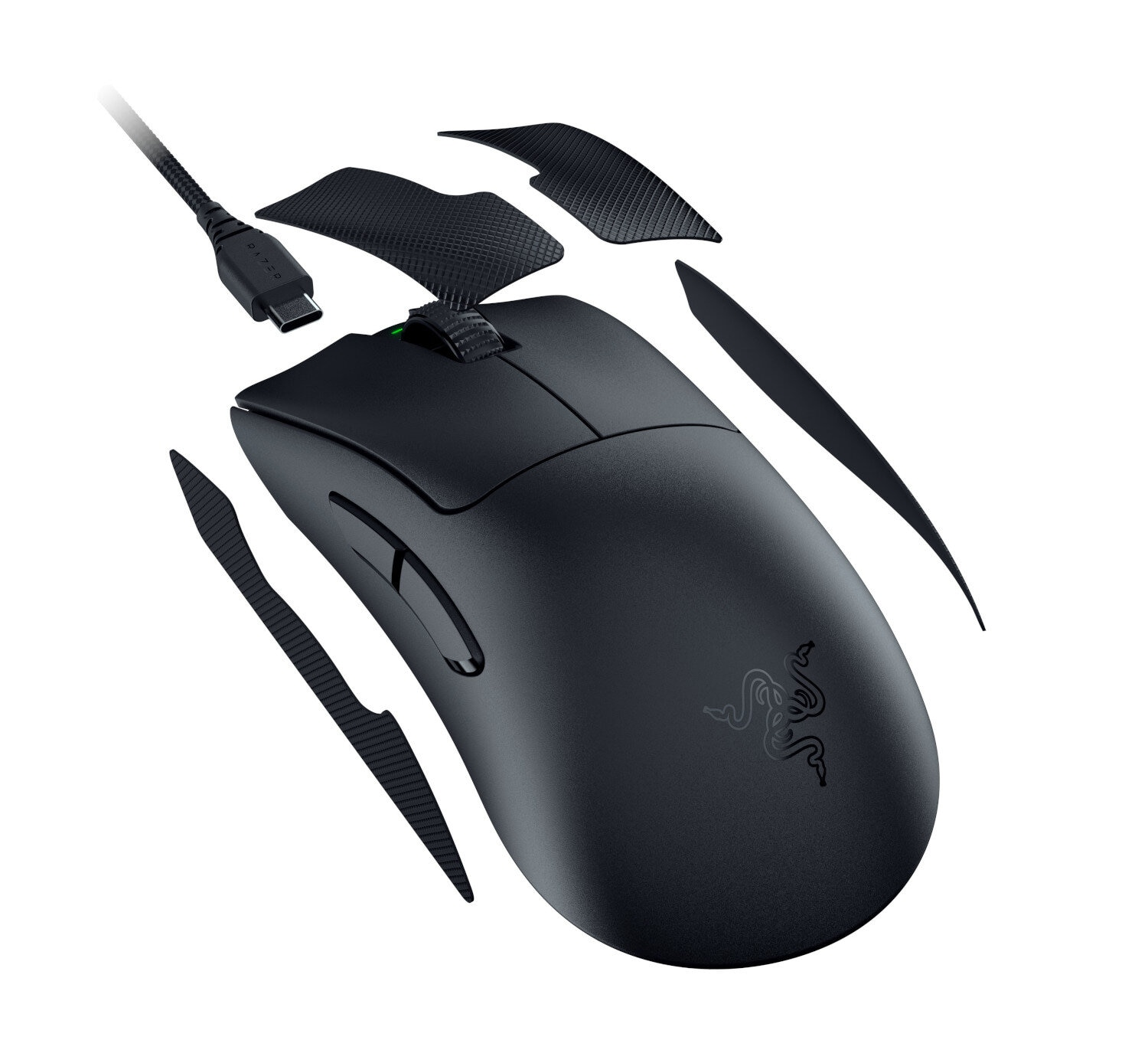 Czarna mysz gamingowa Razer, oddzielne uchwyty myszy i kabel USB.